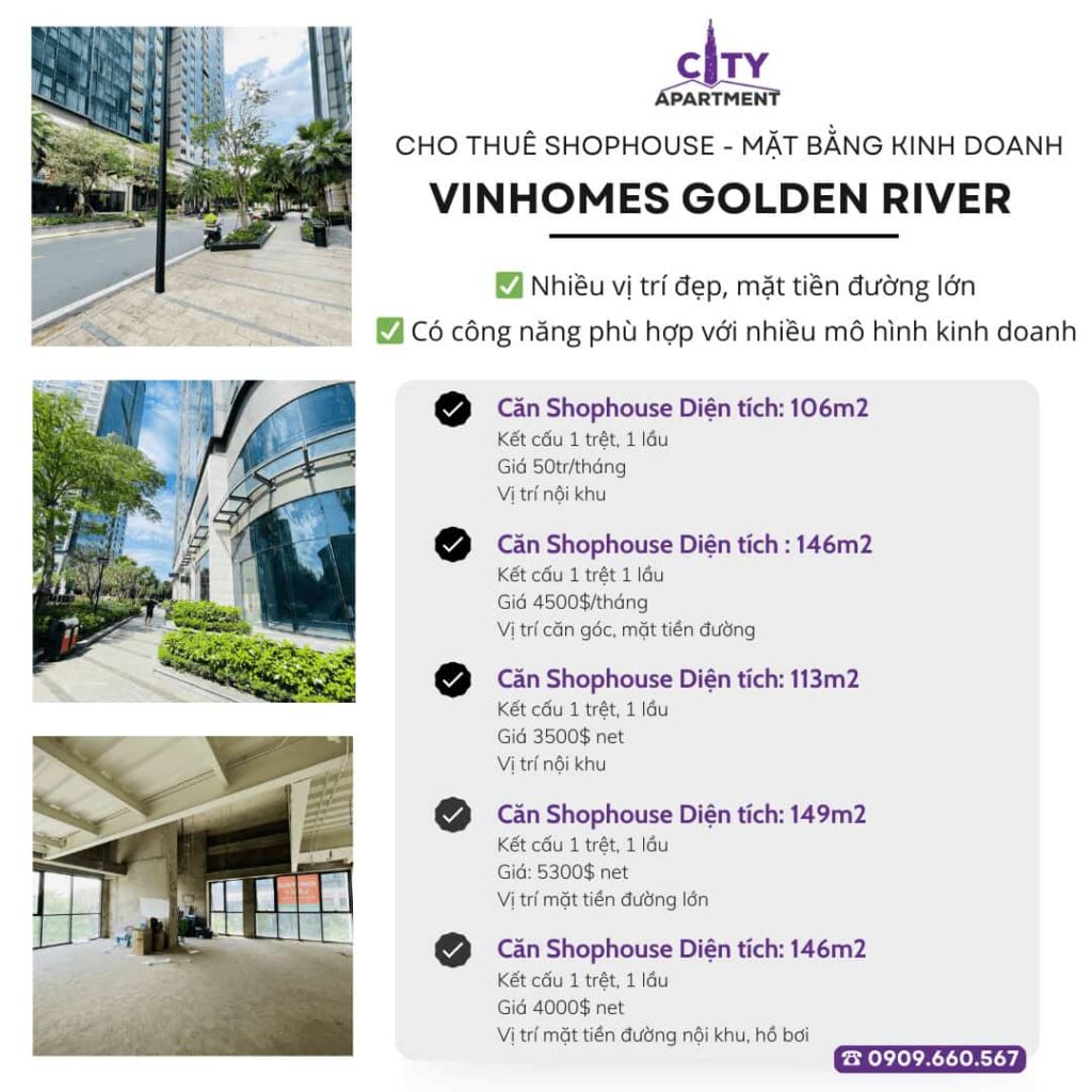 Cập nhật các căn shophouse cho thuê tại Vinhomes Golden River