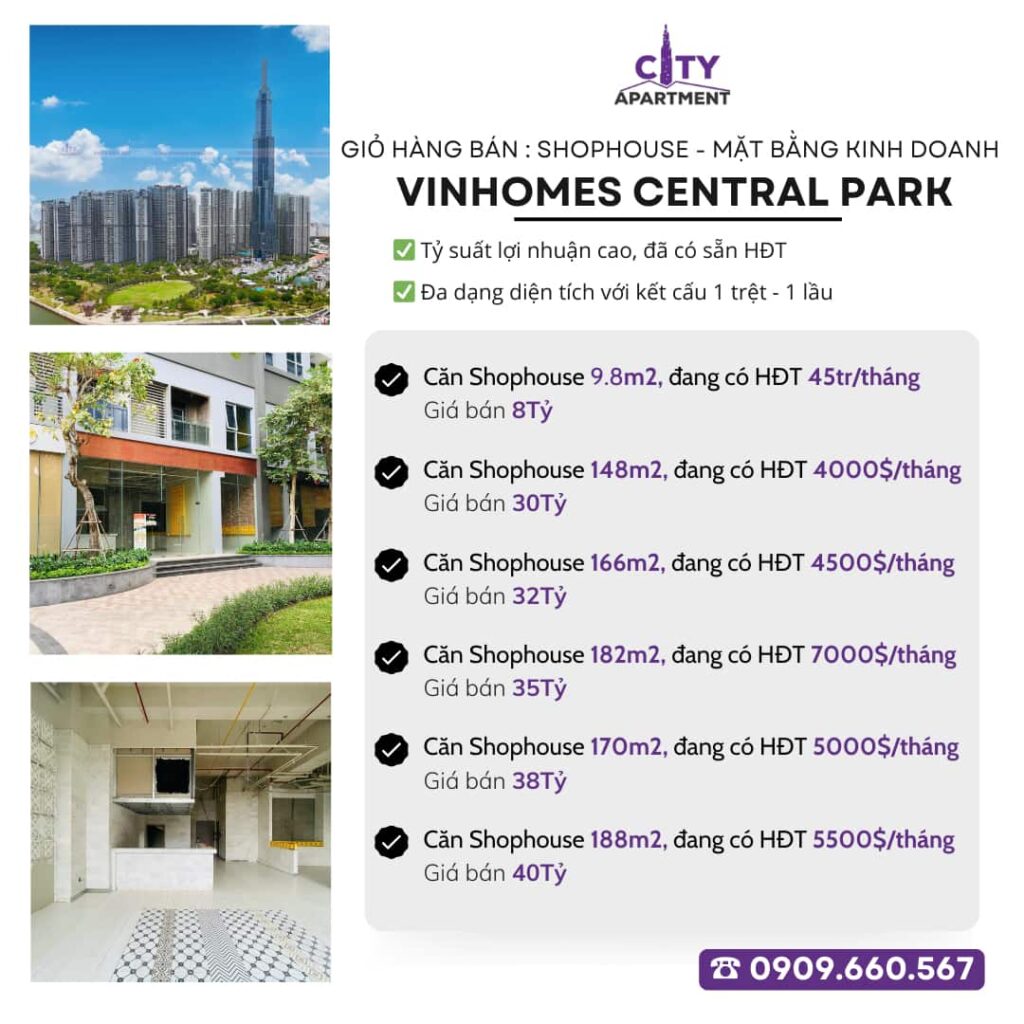 Tổng hợp giỏ hàng bán Shophouse Vinhomes Central Park – Cập nhật Tháng 10/2024