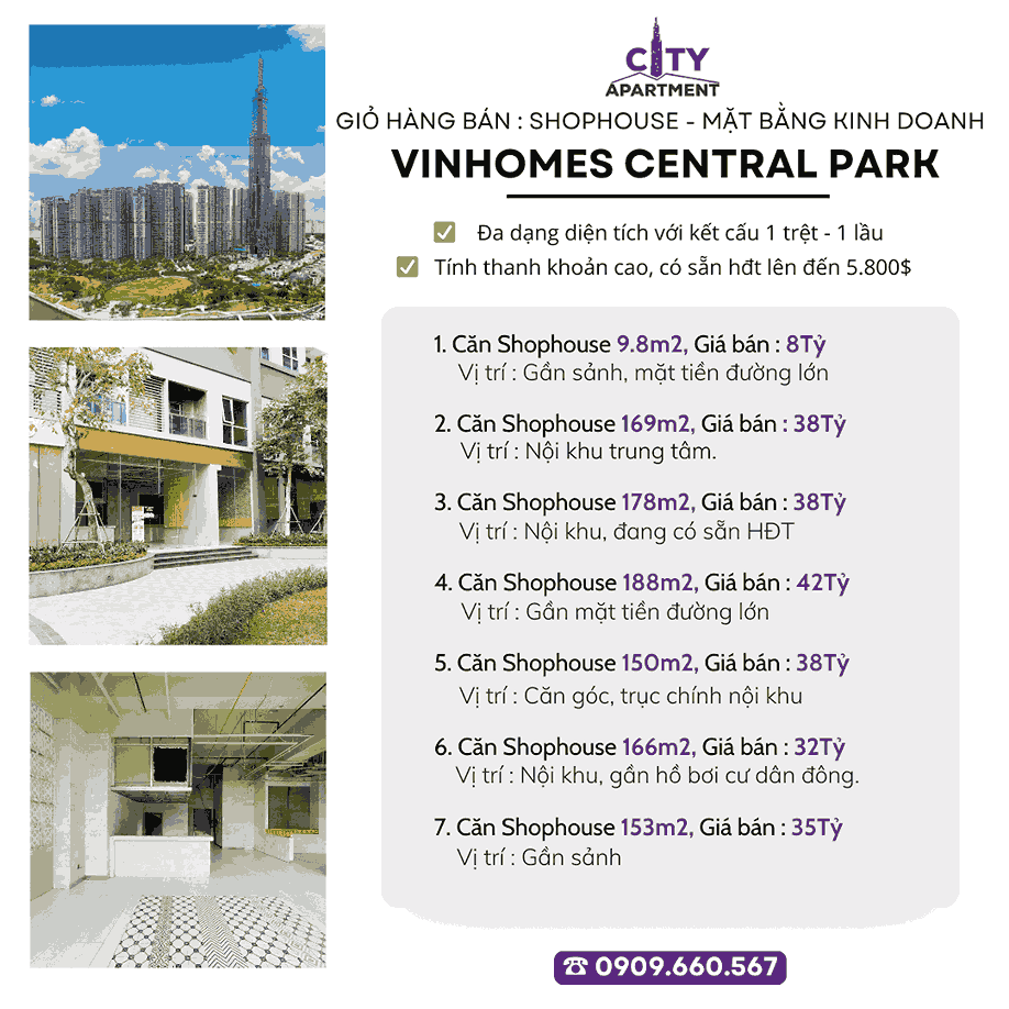 Cập nhật giỏ hàng shophouse bán Vinhomes Central Park