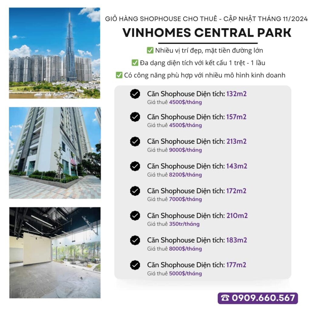 Tổng hợp giỏ hàng cho thuê mặt bằng kinh doanh – Shophouse Vinhomes Central Park